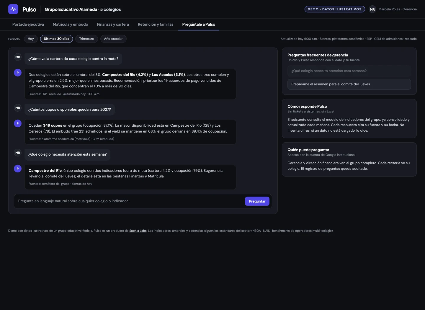 Conversación con el asistente de Pulso: cartera por colegio, cupos disponibles y resumen para el comité